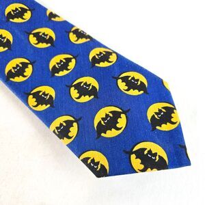 Bats Full Moon Neck Tie Blue Yellow Novelty Print Jan Steeler Spooky Halloween